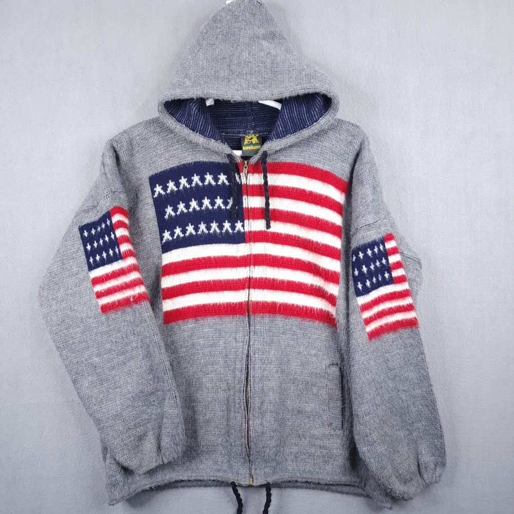 Ruminahui Wool Zip Hoodie Mens XL Gray American Flag Ecuador Knit Sweater Hooded